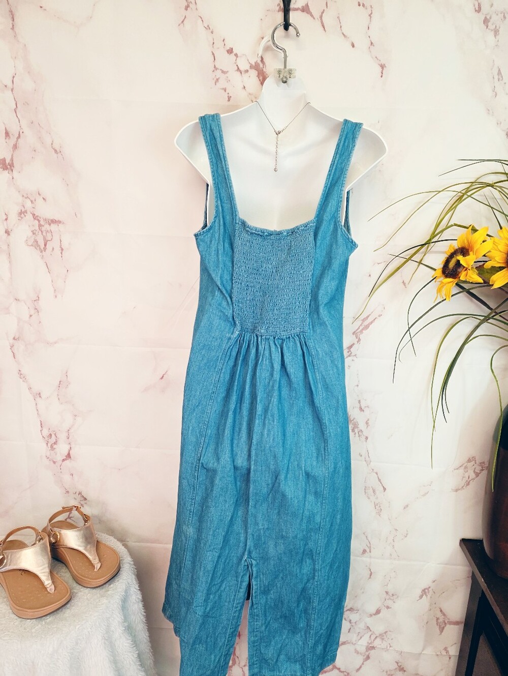 Old Navy Denim Midi Dress Womens Large Smocked Back Cotton Blue Sleeveless - Picture 5 of 7